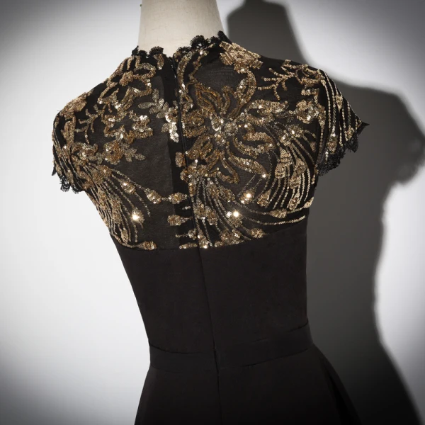 Vintage / Retro Black Evening Dresses 2019 A-Line / Princess High Neck Cap Sleeves Glitter Sequins Tea-length Ruffle Formal Dresses
