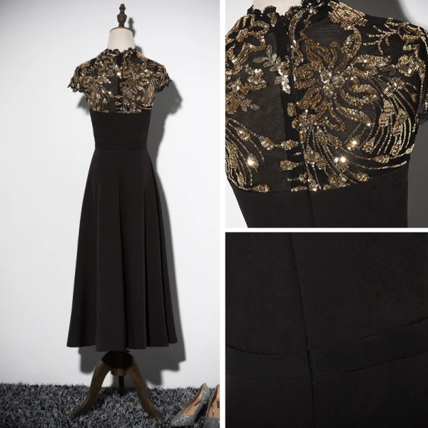 Vintage / Retro Black Evening Dresses 2019 A-Line / Princess High Neck Cap Sleeves Glitter Sequins Tea-length Ruffle Formal Dresses