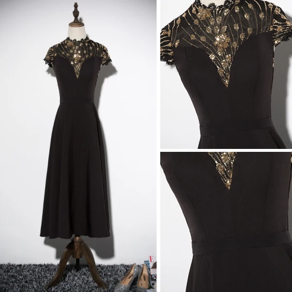 Vintage / Retro Black Evening Dresses 2019 A-Line / Princess High Neck Cap Sleeves Glitter Sequins Tea-length Ruffle Formal Dresses