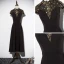 Vintage / Retro Black Evening Dresses  2019 A-Line / Princess High Neck Cap Sleeves Glitter Sequins Tea-length Ruffle Formal Dresses