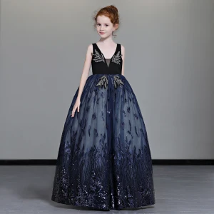 Luxe Donkerblauwe Bloemenmeisjes Jurken 2019 A Lijn Diepe V Hals Mouwloos Rhinestone Kralen Appliques Kant Pailletten Lange Ruche Ruglooze Jurken Voor Bruiloft