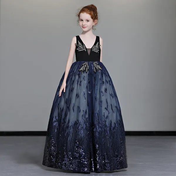 Luxury / Gorgeous Navy Blue Flower Girl Dresses 2019 A-Line / Princess Deep V-Neck Sleeveless Rhinestone Beading Appliques Lace Sequins Floor-Length / Long Ruffle Backless Wedding Party Dresses