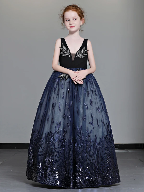Luxury / Gorgeous Navy Blue Flower Girl Dresses 2019 A-Line / Princess Deep  V-Neck Sleeveless Rhinestone