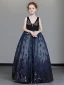Luxe Bleu Marine Robe Ceremonie Fille 2019 Princesse Col v profond Sans Manches Faux Diamant Perlage Appliques En Dentelle Paillettes Longue Volants Dos Nu Robe Pour Mariage