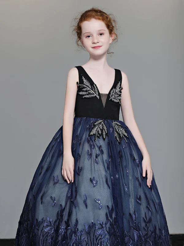 Luxe Bleu Marine Robe Ceremonie Fille 2019 Princesse Col v profond Sans Manches Faux Diamant Perlage Appliques En Dentelle Paillettes Longue Volants Dos Nu Robe Pour Mariage