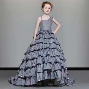 Luxe Bleu Marine Robe Ceremonie Fille 2019 Princesse Épaules Perlage Sans Manches Glitter Polyester Train De Balayage Volants En Cascade Dos Nu Robe Pour Mariage