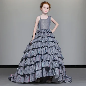 Luxury Gorgeous Navy Blue Flower Girl Dresses 2019 A Line Princess Shoulders Beading Sleeveless Glitter Polyester Sweep Train Cascading Ruffles Backless Wedding Party Dresses