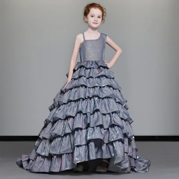 Luxury Gorgeous Navy Blue Flower Girl Dresses 2019 A Line Princess Shoulders Beading Sleeveless Glitter Polyester Sweep Train Cascading Ruffles Backless Wedding Party Dresses