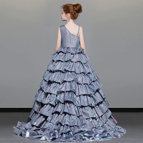 Luxury / Gorgeous Navy Blue Flower Girl Dresses 2019 A-Line / Princess Shoulders Beading Sleeveless Glitter Polyester Sweep Train Cascading Ruffles Backless Wedding Party Dresses