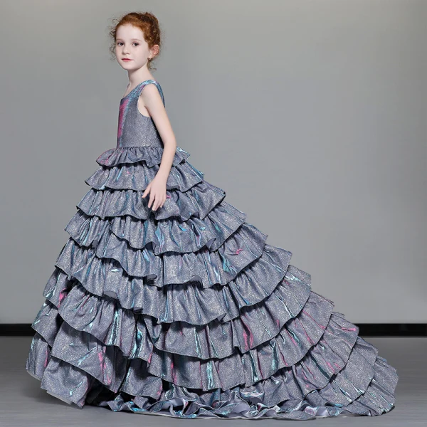 Luxury / Gorgeous Navy Blue Flower Girl Dresses 2019 A-Line / Princess Shoulders Beading Sleeveless Glitter Polyester Sweep Train Cascading Ruffles Backless Wedding Party Dresses