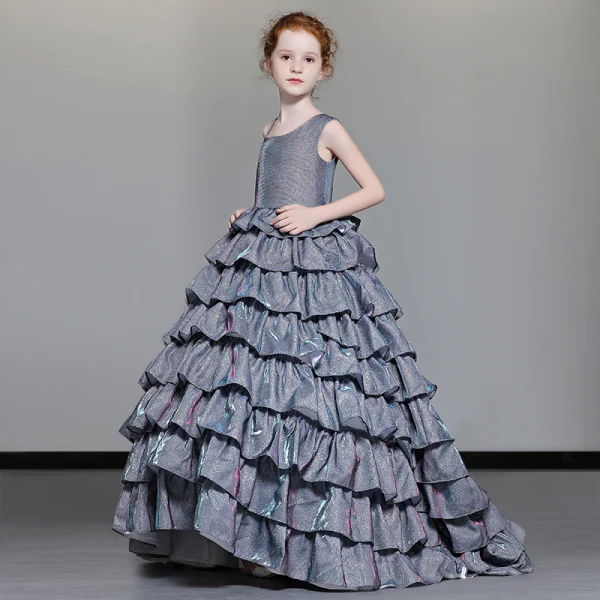 Luxury / Gorgeous Navy Blue Flower Girl Dresses 2019 A-Line / Princess Shoulders Beading Sleeveless Glitter Polyester Sweep Train Cascading Ruffles Backless Wedding Party Dresses