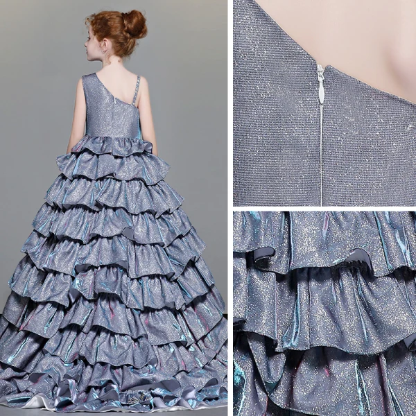 Luxury / Gorgeous Navy Blue Flower Girl Dresses 2019 A-Line / Princess Shoulders Beading Sleeveless Glitter Polyester Sweep Train Cascading Ruffles Backless Wedding Party Dresses