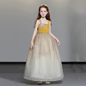 Chic Belle Jaune Robe Ceremonie Fille 2019 Princesse Épaules Sans Manches Perlage Glitter Tulle Longue Volants Dos Nu Robe Pour Mariage