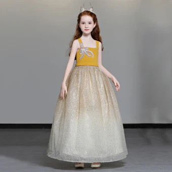 Chic Beautiful Yellow Flower Girl Dresses 2019 A Line Princess Shoulders Sleeveless Beading Glitter Tulle Floor Length Long Ruffle Backless Wedding Party Dresses