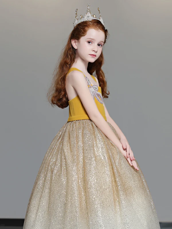 Chic / Beautiful Yellow Flower Girl Dresses 2019 A-Line / Princess Shoulders Sleeveless Beading Glitter Tulle Floor-Length / Long Ruffle Backless Wedding Party Dresses