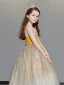 Chic / Beautiful Yellow Flower Girl Dresses 2019 A-Line / Princess Shoulders Sleeveless Beading Glitter Tulle Floor-Length / Long Ruffle Backless Wedding Party Dresses