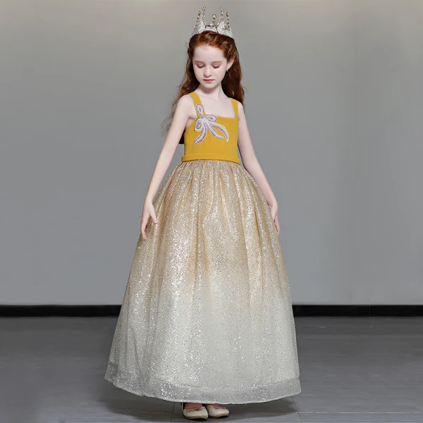 Chic / Beautiful Yellow Flower Girl Dresses 2019 A-Line / Princess Shoulders Sleeveless Beading Glitter Tulle Floor-Length / Long Ruffle Backless Wedding Party Dresses