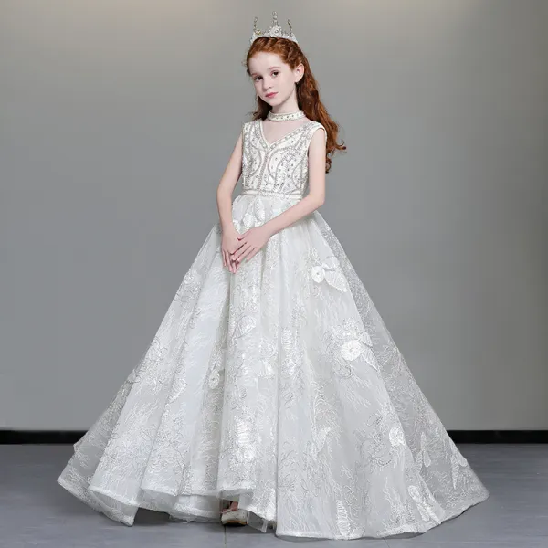 Luxury / Gorgeous Ivory Flower Girl Dresses 2019 A-Line / Princess V-Neck Sleeveless Appliques Lace Beading Glitter Sequins Sweep Train Ruffle Backless Wedding Party Dresses