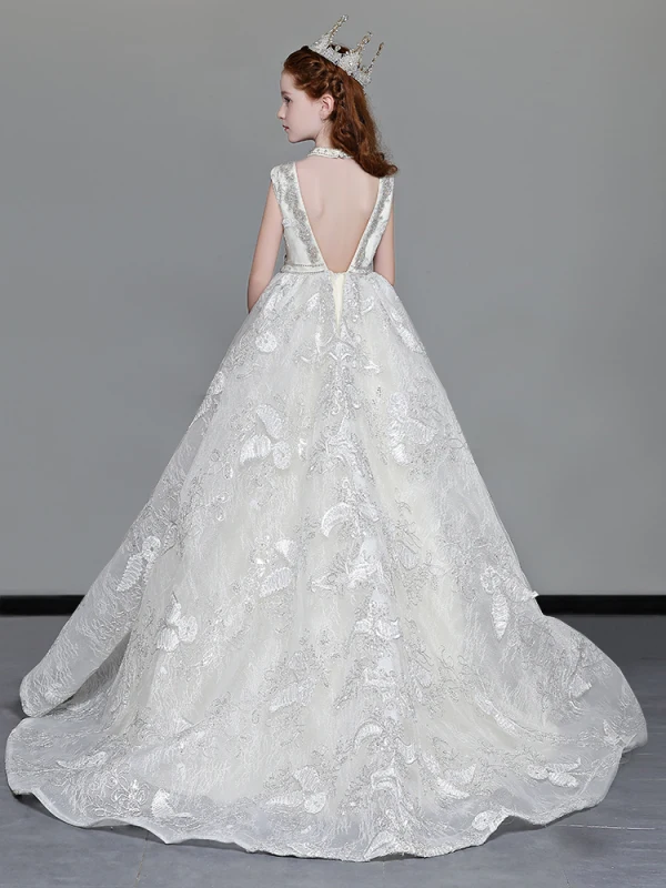 Luxury / Gorgeous Ivory Flower Girl Dresses 2019 A-Line / Princess V-Neck Sleeveless Appliques Lace Beading Glitter Sequins Sweep Train Ruffle Backless Wedding Party Dresses