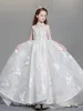 Luxury / Gorgeous Ivory Flower Girl Dresses 2019 A-Line / Princess V-Neck Sleeveless Appliques Lace Beading Glitter Sequins Sweep Train Ruffle Backless Wedding Party Dresses