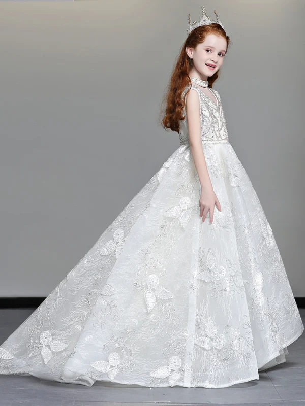 Luxury / Gorgeous Ivory Flower Girl Dresses 2019 A-Line / Princess V-Neck Sleeveless Appliques Lace Beading Glitter Sequins Sweep Train Ruffle Backless Wedding Party Dresses