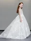 Luxury / Gorgeous Ivory Flower Girl Dresses 2019 A-Line / Princess V-Neck Sleeveless Appliques Lace Beading Glitter Sequins Sweep Train Ruffle Backless Wedding Party Dresses