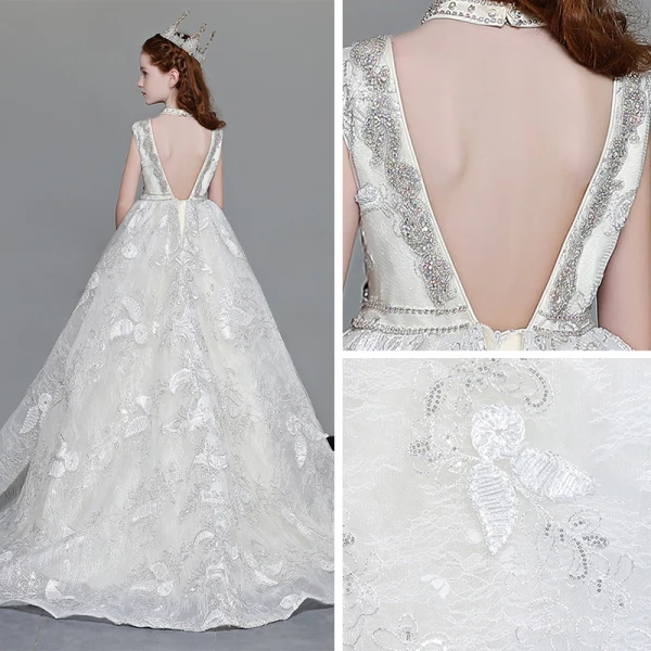 Luxury / Gorgeous Ivory Flower Girl Dresses 2019 A-Line / Princess V-Neck Sleeveless Appliques Lace Beading Glitter Sequins Sweep Train Ruffle Backless Wedding Party Dresses