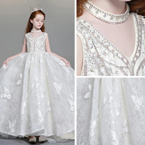 Luxury / Gorgeous Ivory Flower Girl Dresses 2019 A-Line / Princess V-Neck Sleeveless Appliques Lace Beading Glitter Sequins Sweep Train Ruffle Backless Wedding Party Dresses