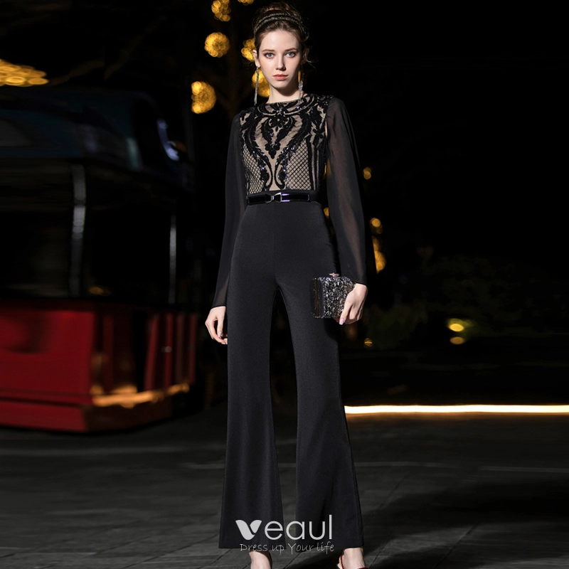 10140 Black Sequined Chiffon Sleeve Jumpsuit main image 1
