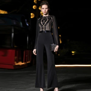 Beste Svart Chiffon Jumpsuit 2019 Firkantet Hals Langermede Sash Paljetter Ankel Lengde Buste Selskapskjoler