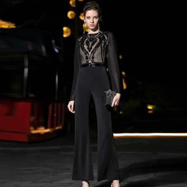 Best Black Chiffon Jumpsuit 2019 Square Neckline Long Sleeve Sash Sequins Ankle Length Ruffle Evening Dresses