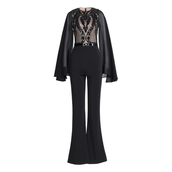 Beste Schwarz Chiffon Overall 2019 Eckiger Ausschnitt Lange Ärmel Stoffgürtel Pailletten Knöchellänge Rüschen Abendkleider