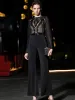 Best Black Chiffon Jumpsuit 2019 Square Neckline Long Sleeve Sash Sequins Ankle Length Ruffle Evening Dresses