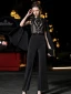 Beste Schwarz Chiffon Overall 2019 Eckiger Ausschnitt Lange Ärmel Stoffgürtel Pailletten Knöchellänge Rüschen Abendkleider