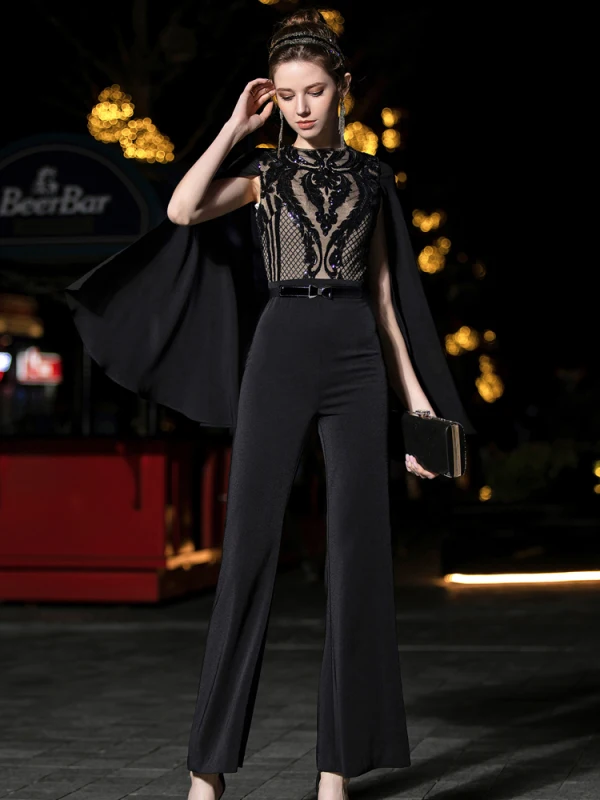 Best Black Chiffon Jumpsuit 2019 Square Neckline Long Sleeve Sash Sequins  Ankle Length Ruffle Evening Dresses