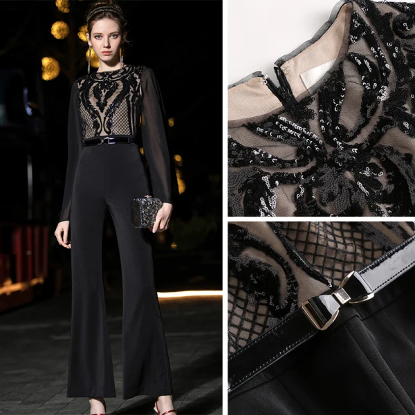 Beste Schwarz Chiffon Overall 2019 Eckiger Ausschnitt Lange Ärmel Stoffgürtel Pailletten Knöchellänge Rüschen Abendkleider