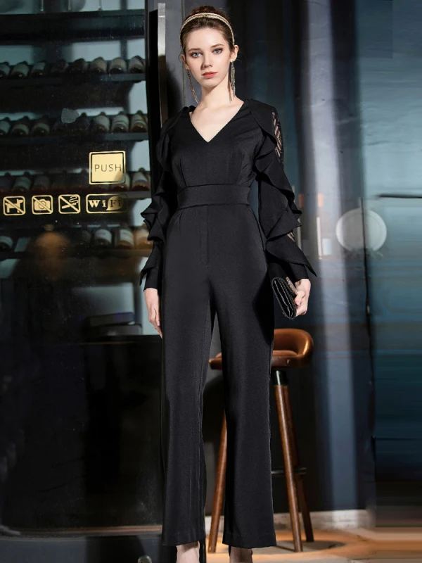 Elegant Black Jumpsuit 2019 V-Neck Lace Long Sleeve Ankle Length Evening Dresses