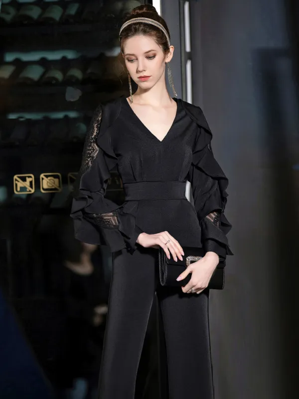 Elegant Black Jumpsuit 2019 V-Neck Lace Long Sleeve Ankle Length Evening  Dresses