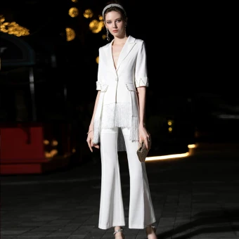 Luxury Gorgeous White Jumpsuit 2019 V Neck 1 2 Sleeves Pearl Tassel Ankle Length Evening Dresses