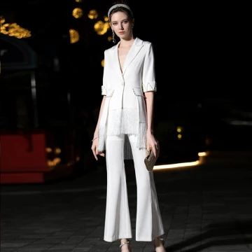Luxe Blanche Combinaison 2019 V Cou 1 2 Manches Perle Gland Longueur Cheville Robe De Soirée