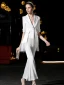 Luxury / Gorgeous White Jumpsuit 2019 V-Neck 1/2 Sleeves Pearl Tassel Ankle Length Evening Dresses