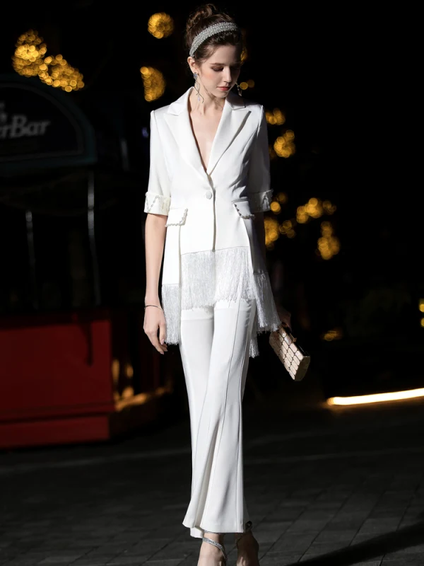 Luxury / Gorgeous White Jumpsuit 2019 V-Neck 1/2 Sleeves Pearl Tassel Ankle Length Evening Dresses