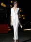 Luxury / Gorgeous White Jumpsuit 2019 V-Neck 1/2 Sleeves Pearl Tassel Ankle Length Evening Dresses