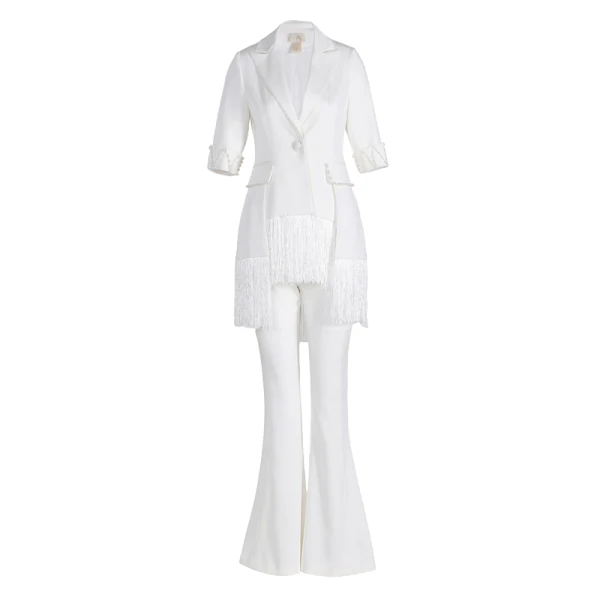 Luxury / Gorgeous White Jumpsuit 2019 V-Neck 1/2 Sleeves Pearl Tassel Ankle Length Evening Dresses