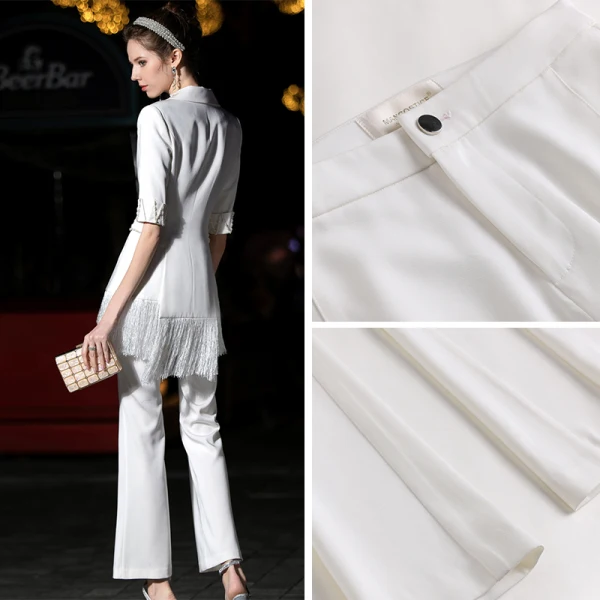Luxury / Gorgeous White Jumpsuit 2019 V-Neck 1/2 Sleeves Pearl Tassel Ankle Length Evening Dresses