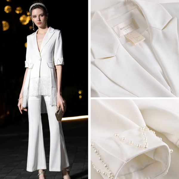 Luxury / Gorgeous White Jumpsuit 2019 V-Neck 1/2 Sleeves Pearl Tassel Ankle Length Evening Dresses
