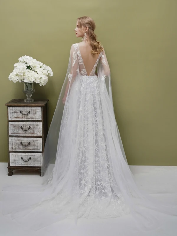 Romantic Silver See-through Evening Dresses  2019 A-Line / Princess Square Neckline 1/2 Sleeves Backless Star Appliques Lace Watteau Train Ruffle Formal Dresses