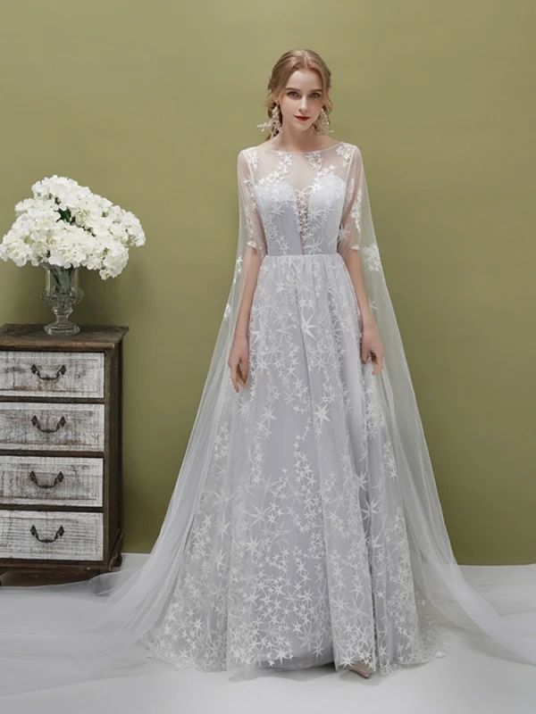 Romantic Silver See-through Evening Dresses  2019 A-Line / Princess Square Neckline 1/2 Sleeves Backless Star Appliques Lace Watteau Train Ruffle Formal Dresses