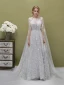 Romantic Silver See-through Evening Dresses  2019 A-Line / Princess Square Neckline 1/2 Sleeves Backless Star Appliques Lace Watteau Train Ruffle Formal Dresses