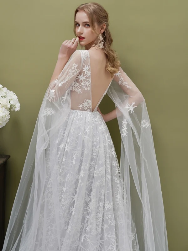 Romantic Silver See-through Evening Dresses  2019 A-Line / Princess Square Neckline 1/2 Sleeves Backless Star Appliques Lace Watteau Train Ruffle Formal Dresses